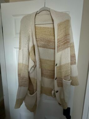 Free People Cream and Beige Striped Button Cardigan